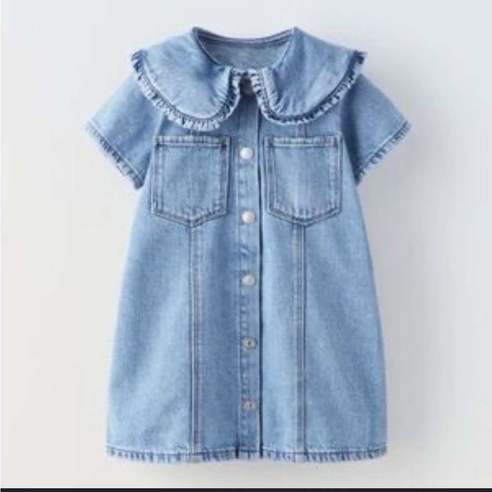 Denim Button-Up Dress with Ruffled Collar